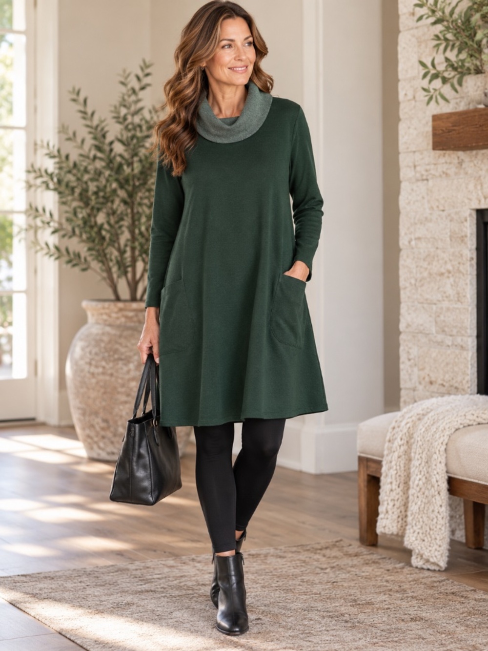 J.Jill Pure Jill Forest Green Cowl Neck Tunic Dress Pockets XL
